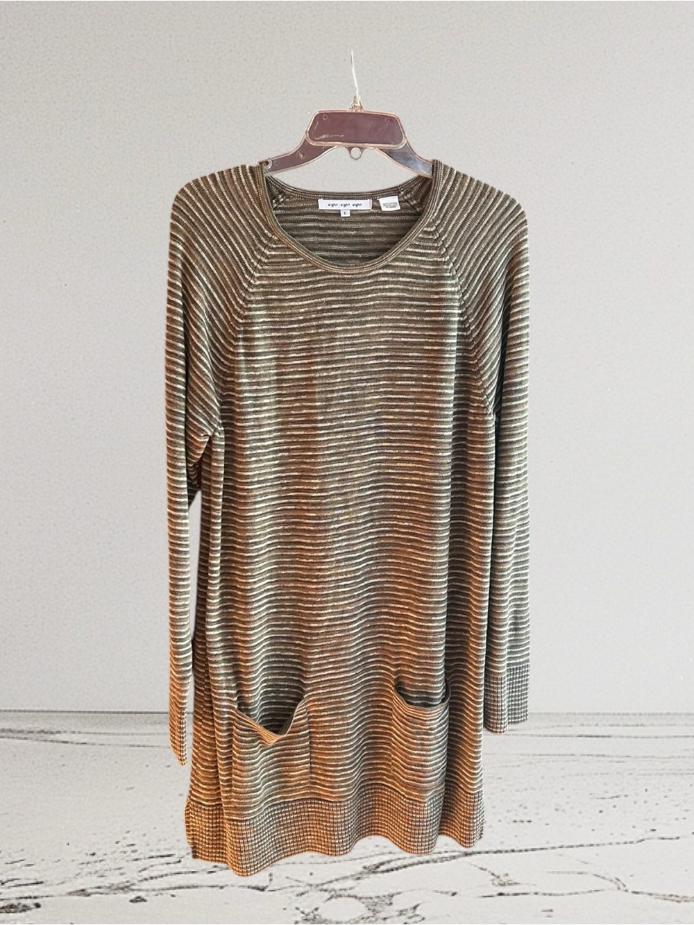 eight eight eight olive green, tan striped cotton tunic or sweater dress Size L